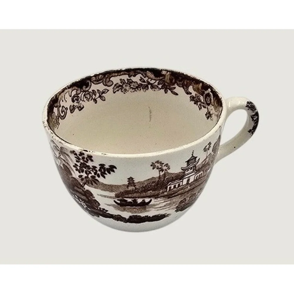 Antique Brown Transferware Tea Cup Chinoiserie Pagoda Landscape Scene White